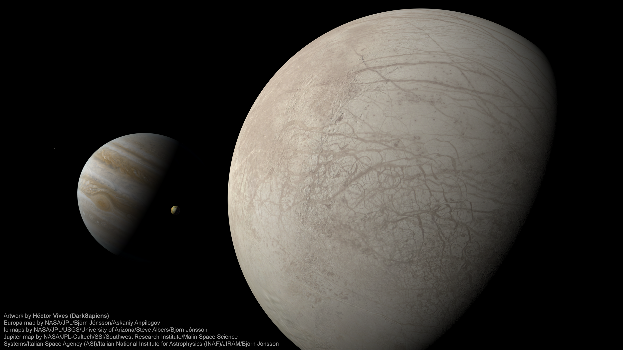 La luna Europa orbitando Júpiter, con Ío entre ambos y Calisto en la lejanía (Héctor Vives)