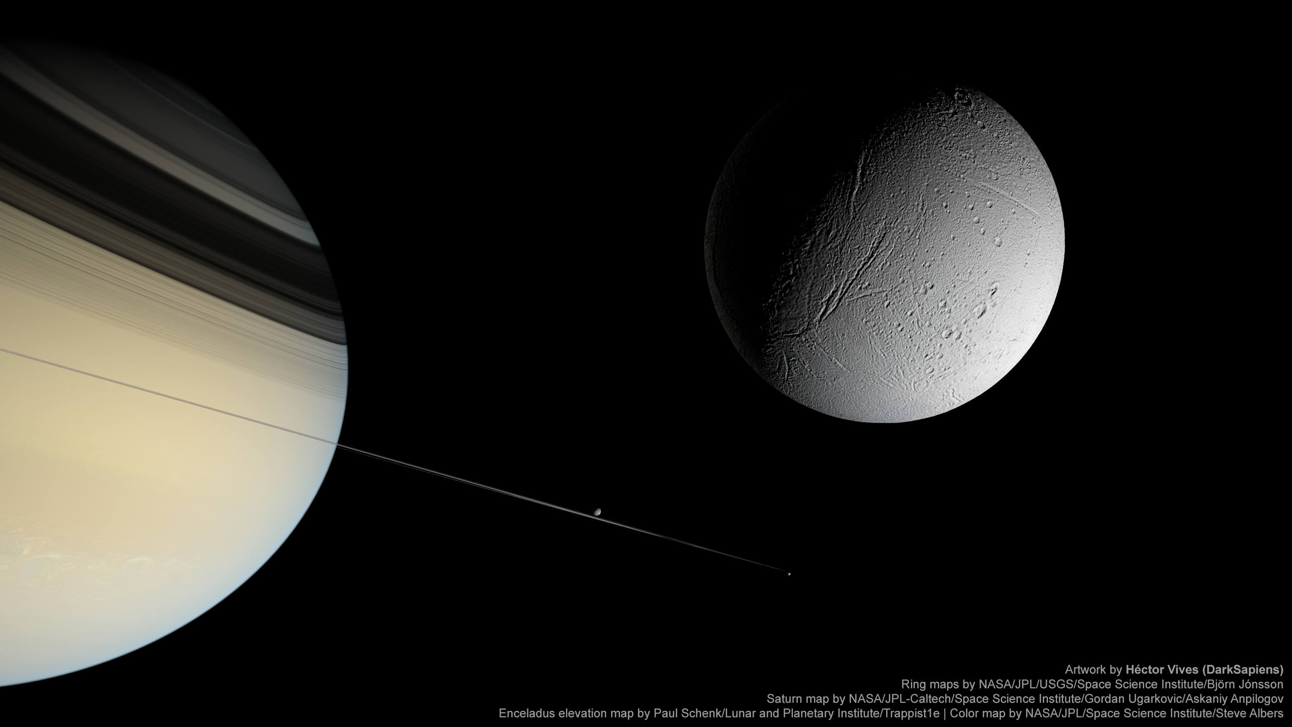 La luna Encelado orbitando Saturno (Héctor Vives)
