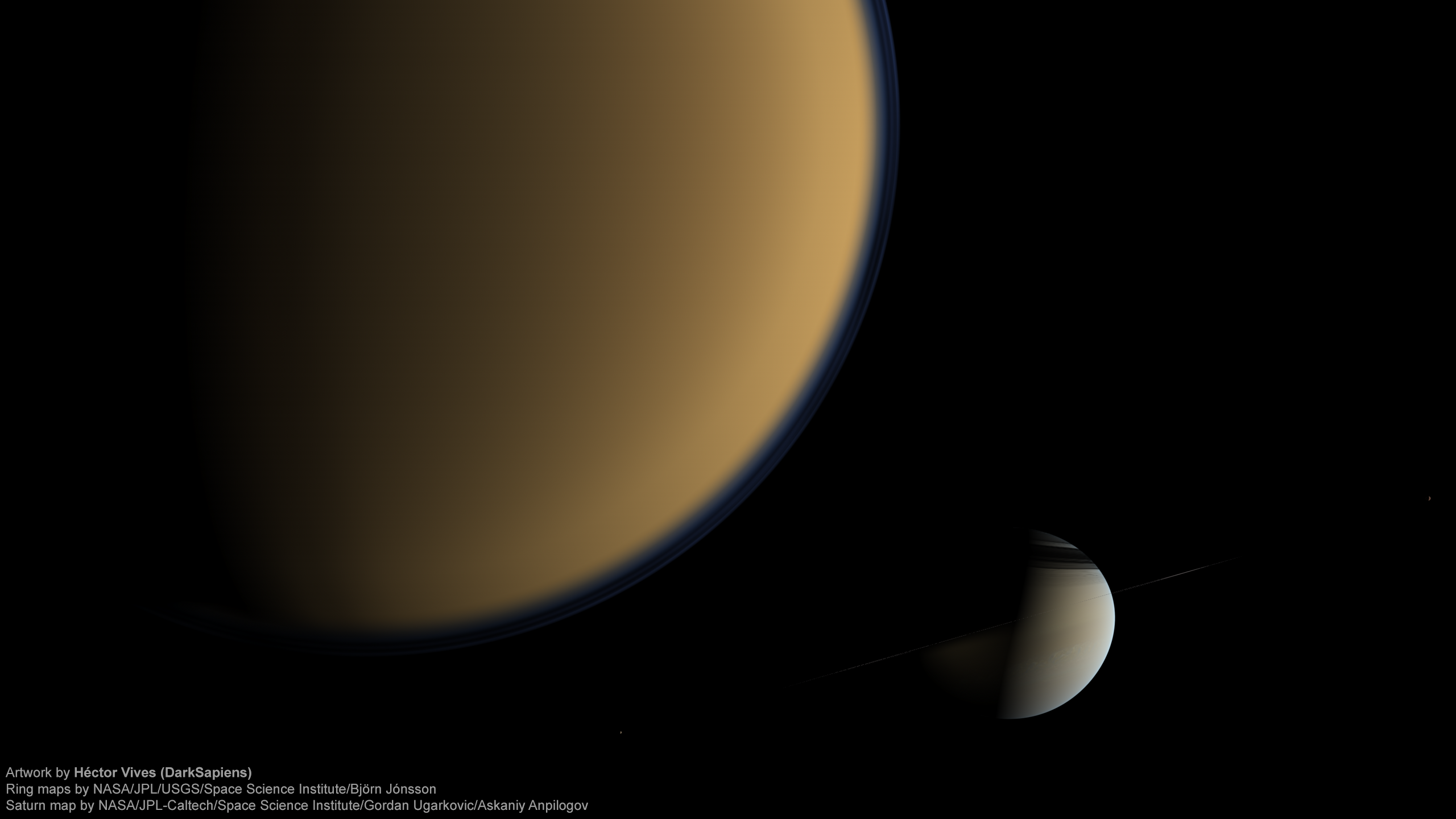 El satélite de Saturno, Titán (en primer plano), fue descubierto por Christiaan Huygens. Saturno en la distancia. © Héctor Vives, DarkSapiens.